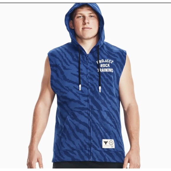 NEW Under Armour Project Rock Mens Blue Training Vest 2XL Hooded Fleece Full Zip - Picture 1 of 4